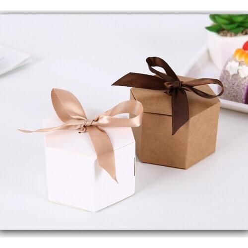 20pcs Hexagonal Kraft Paper Packaging Box Candy Biscuit Box with Ribbon Baby Show Wedding Party Gift Packaging Box