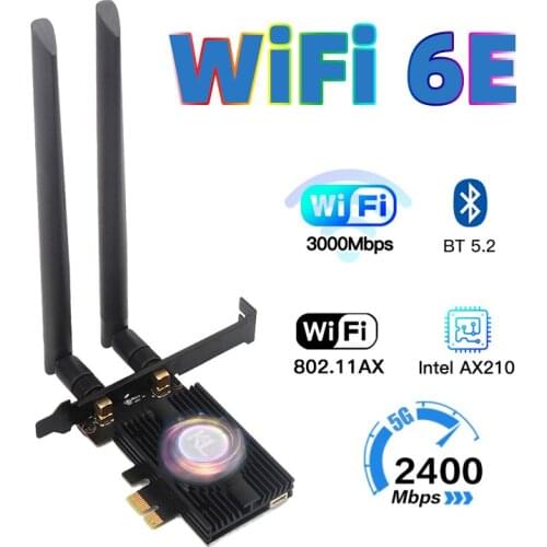 3000Mbps PCI-e Wireless Adapter Intel AX210 Wifi 6E Wlan Card Bluetooth 5.2 Dual Band 2.4GHz/5GHz/6GHz MU-MIMO AX200NGW 802.11ax
