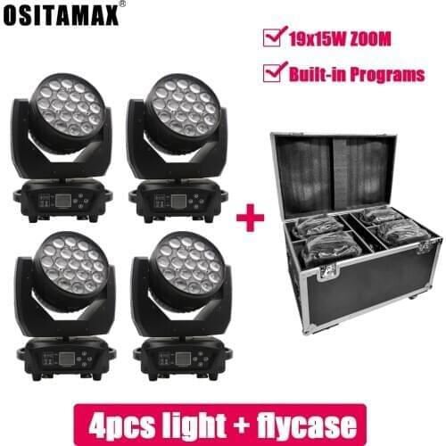 4PCS/LOT 19x15w RGBW 4in1 Wash/Zoom Light DMX512 Moving Head Light Professional DJ /Bar /Show Stage Light