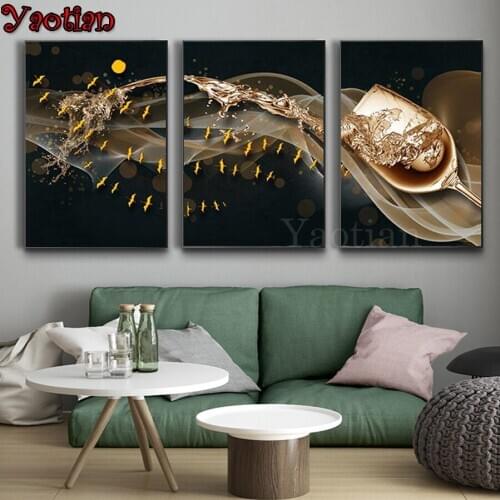 5d Pictures Diamond Painting Golden Wine Glass And Birds 3 panels mosaic art Triptych diamond embroidery icons new hot 2021