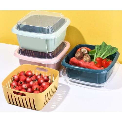 Double-Layer Drain Basket Lid Refrigerator Crisper Multifunctional Square Large Size Washing Vegetable Basket Fruit Basket