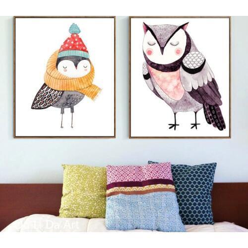 No frame cartoon cute owl scenery canvas printings oil painting printed on canvas home Kid room wall art decoration picture