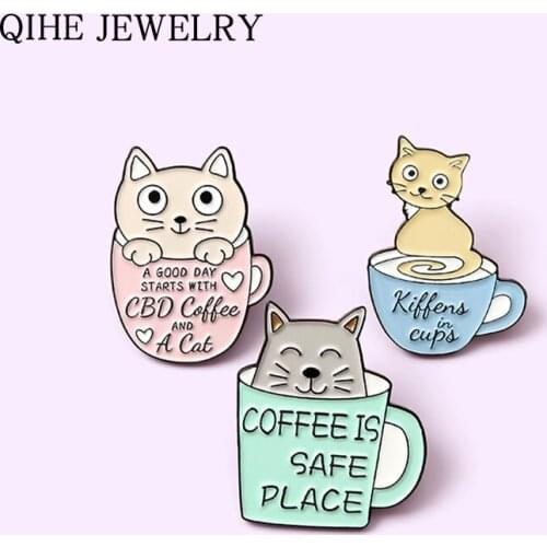 Coffee Cup Soft Enamel Pins Custom Kitten Cartoon Animal Brooches Pet Cat Badges Lapel Pin Jewelry Gift for Friends Wholesale