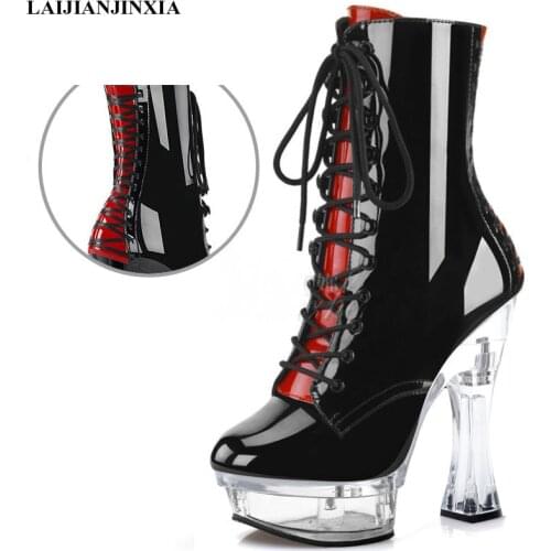 LAIJIANJINXIA New Women Sexy Ankle Boots Waterproof Transparent Platform Party Club Model 14cm High Heels Pole Dancing Shoes