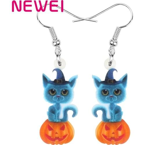 Newei Acrylic Halloween Pumpkin Lantern Cat Earrings Cute Kitten Animal Dangle Drop Jewelry For Women Girls Funny Gift Accessory