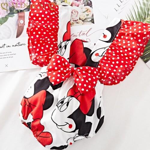 Baby Girls Romper Summer Infant Newborn Girls Minnie Print Jumpsuit Baby Back Bow Polka Dot Flying Sleeve Romper Girls Outfits