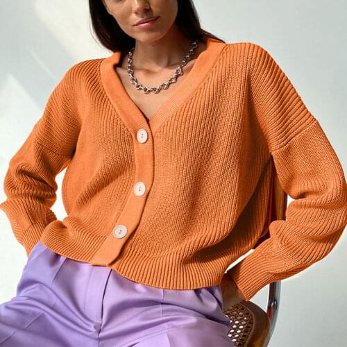 Solid V Neck Womens Knitted Sweater Loose Lantern Sleeve Button Basic Casual Cardigan Female Autumn 2021 Elegant Lady Sweaters