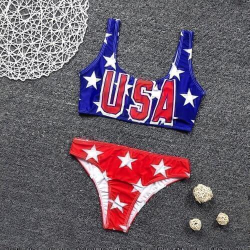 Sexy High Waist Bikini American Flag Print Halter Push Up Padded Swimsuit Bathers Bathing Suit High Cut Swimwear Biquini 2021