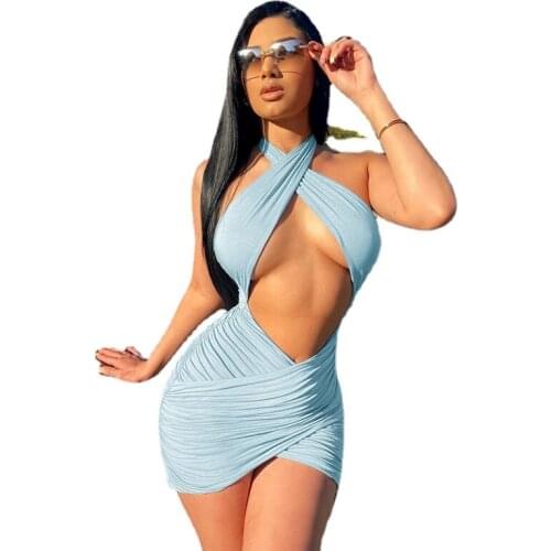 Prowow Sexy Women Dress Summer Halter Mini Dresses for Party 2021 New Solid Color Backless Lady Bodycon Streetwear Outfits