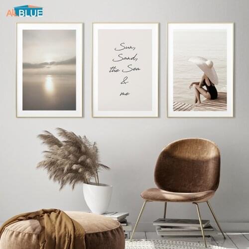 Romantic Aegean Sea Landscape Poster Sexy Girl Under Sunset Picture Wall Art Canvas Print Flower Painting Modern Home Decoration