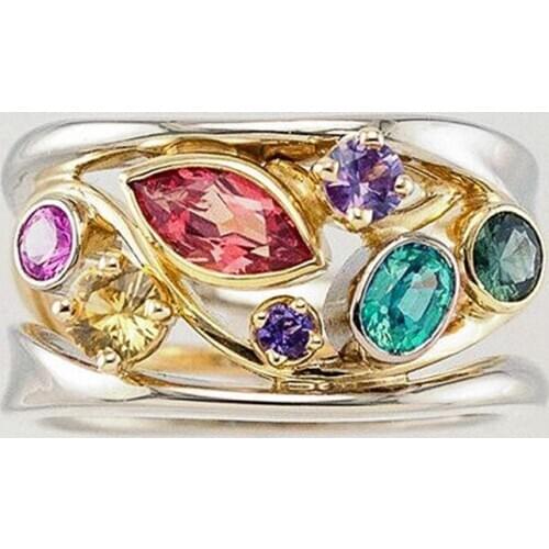 Luxury Female Rainbow Crystal Big Ring Charm Gold Silver Color Wedding Rings For Women Vintage Hollow Geometry Engagement Ring