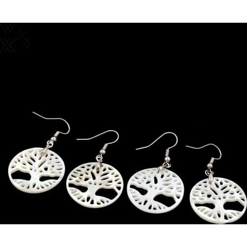YJXP 20X20mm Natural White Shell Hollowing Out Tree of Life Earring for Women Earrings Reiki Charm Jewelry 1Pair