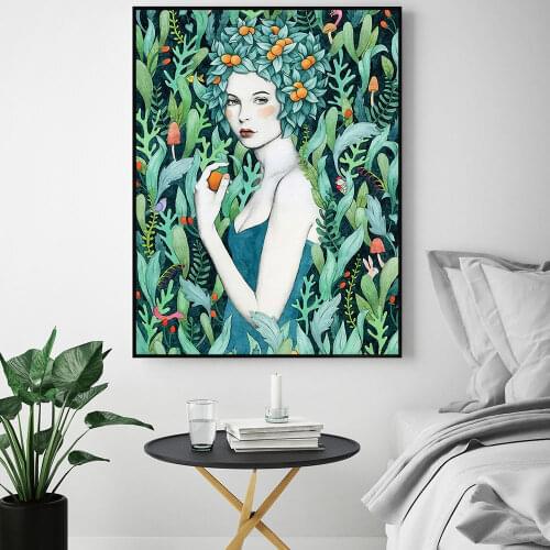 Nordic Poster Natural Botanical Green Style Canvas Modern Beautiful Girl Painting Art Print Wall Picture Living Room Home Decor