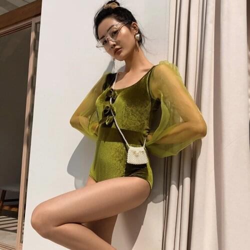 Sexy Velvet bikini 2020 women solid green push up one piece swimsuit Ladies long sleeve Monokini Bathing Suit Swimwear Trikini