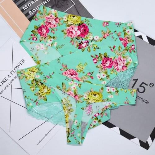 Ultra-thin one-piece seamless printed panties womens mid-waist plus size womens floral thong sexy womens clothing