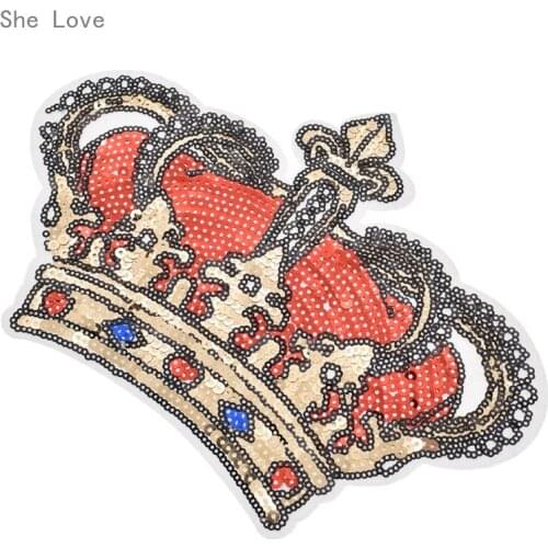 Chzimade Crown Sequin Embroidered Applique Patches for Clothing Iron on Patch Applique for DIY Fashion Clothes Jackets