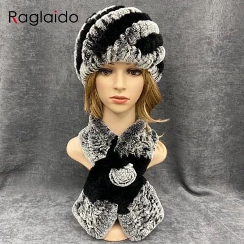 Women Knitted Hat Winter Warm Natural Rex Rabbit Fur Skulls Girls Colorful Thick Hats Scarf Set