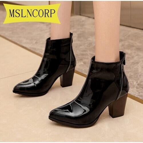 Plus Size 34-46 Fashion Women Ankle Boots Pointed Toe Patent Leather All Match Square High Heel Fashion Winter Shoes Women Boot