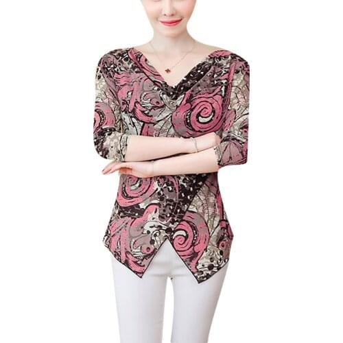 Womens Spring Summer Style Blouses Shirt Womens Elegant Long Sleeve V-neck Printed Korean Slim Tops DD8762