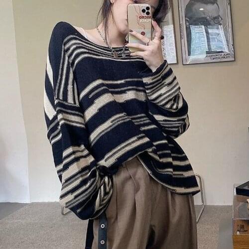 Vintage Punk Gothic Striped Sweater Women Long Sleeve Loose Patchwork Hip Hop Retro Oversize Pullover Casual Knit Jumpers
