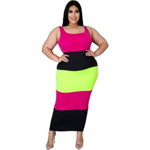 2021 Summer Plus Size Dress Striped Elegant Casual Stretch Tight-fitting Multicolor Stitching U-neck Sling Sleeveless Long Dress