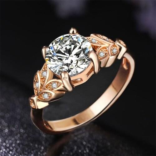 1PC Hot Crystal Silvery Women Leaf Engagement Rings Zircon Cubic Graceful Girls White Rose Golden Ring Size 6 7 8 9