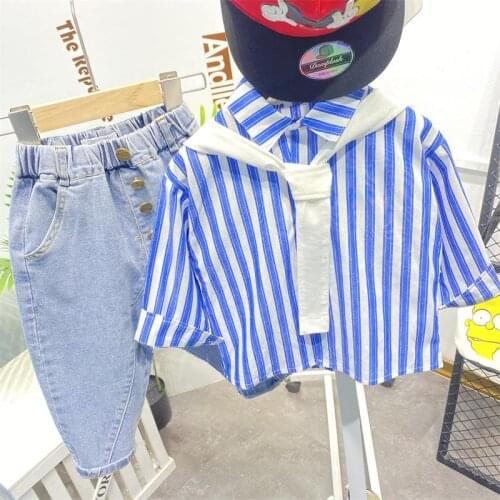 2021 2pcs Summer Baby Boy Children Gentlman Striped Printing Suit Tops + Short Boys Clothes Kids Clothes sets 2-7