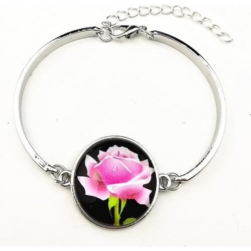 24pcs/lot (Mixed style) Spring style, lotus,red pink blue rose, retro style charm silver Bangle glass bracelets girls women
