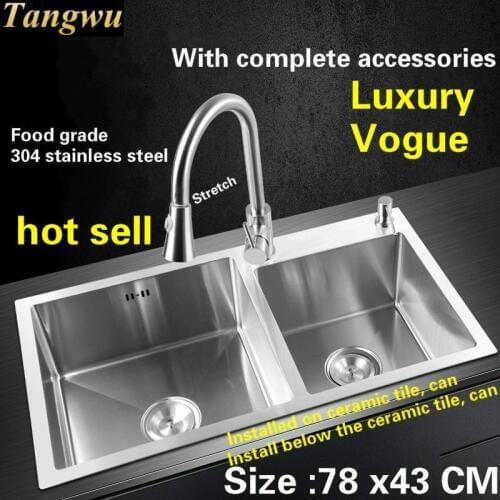 Free shipping Food grade 304 stainless steel kitchen sink 4 mm thick dishwashing ordinary large double groove 780x430 MM