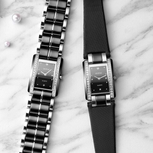OUPAI Swiss Move Rectangle Watch Lady Quiz Black Ceramic Fashion Watch Waterproof Luxury Watch Women Elegant Silk Leather strap