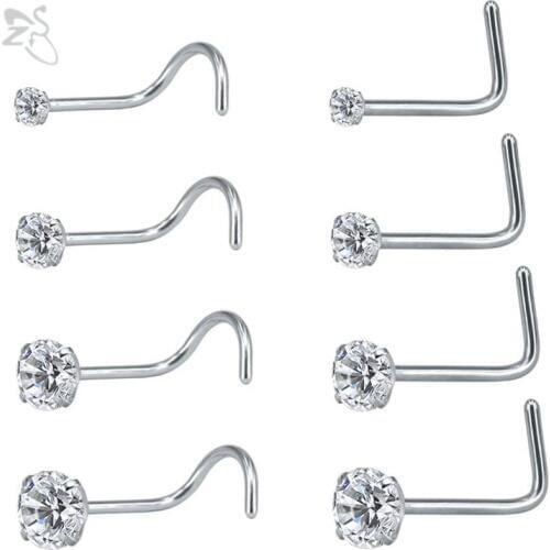 ZS 8 Pcs/lost 316L Surgical Steel Nose Studs Piercings Nez L Shape Crystal Nose Rings Zircon Nostril Piercing Jewelry Nose Rings