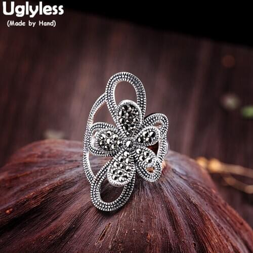 Uglyless Exaggerated Big Thai Silver Flower Rings for Women Hollow Wide Open Rings 925 Sterling Silver Floral Fine Jewelry R918