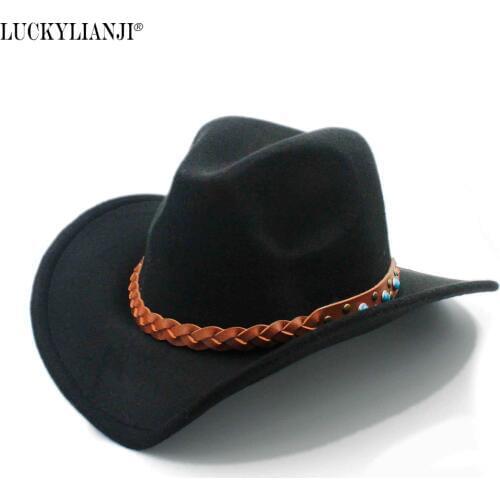 LUCKYLIANJI Wool Felt Western Cowboy Hat For Women Men Wide Brim Cowgirl Turquoise Braid Leather Band (One Size:57cm)