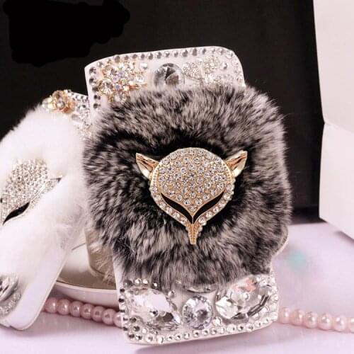Fashion Fox Fur Rabbit Leather Case For Samsung S21 Plus S20 FE A12 A72 A52 5G A21S A51 A71 Bling Diamond Rhinestone Phone Cover