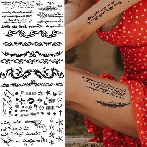 Cute Fonts Feather Temporary Tattoos For Women Girls Dragon Star Quotes Tattoo Sticker Black Thorns Labium Fake Tatoos Thigh Leg