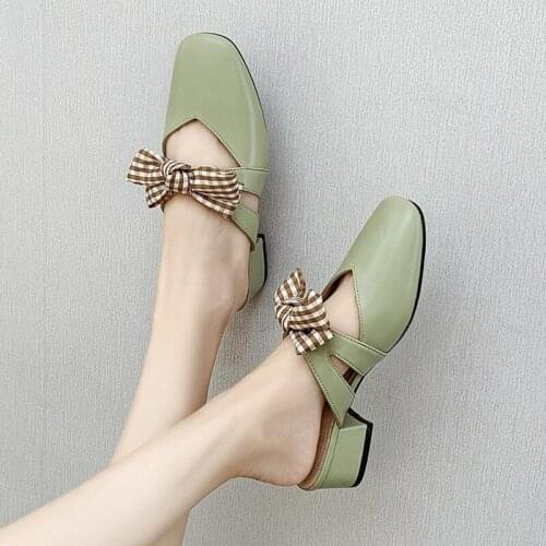 Summer New Style Solid Color Simple Square Toe Bow Knot Baotou Half Slippers Hot Sale Elegant Ladies Muller Shoes For Outer Wear