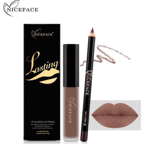 NICEFACE Lipstick Sets Long Lasting Matte Liquid Lipstick+Velvet Lips Pencil Makeup Waterproof Matt Batom Nude Liquid Lip Gloss