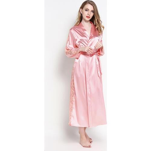 Hot Sale Pink Women Long Nightwear Sexy Wedding Bride Bridesmaid Robe Satin Home Dress Lace V-neck Nightgown For Lady One Size