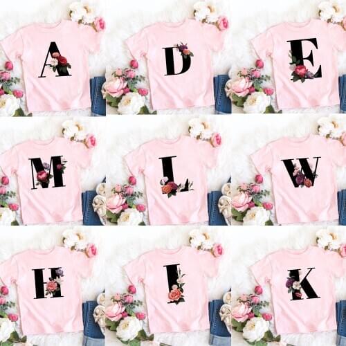 New Letters Flowers Printed Kids Pink T Shirt Kawaii Girls Boys Tops Casual Baby T-Shirts Summer Fashion Short Sleeve 11982