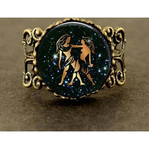 New Trendy Gemini Zodiac Sign Ring Glass Astrological Picture Jewelry Round Ring steel Link Gifts Her