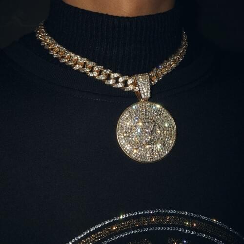 Iced Out Cubic Zircon NO 7 Coin Pendant With Rhinestone Big Miami Cuban Chain Choker Necklace Fashion Hip Hop Men Jewelry