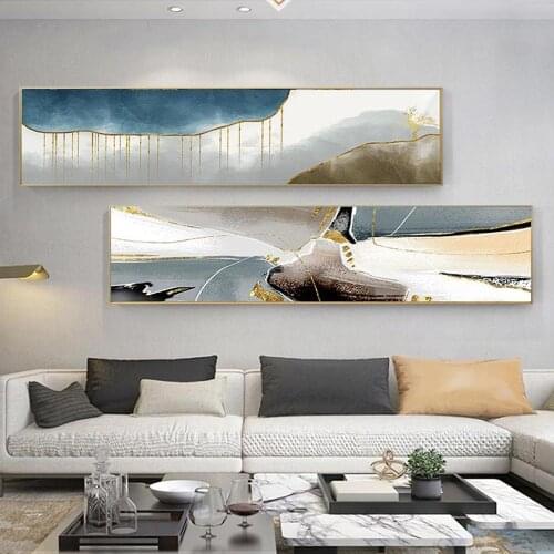 Large Modern Abstract Bedside Blue Golden Canvas Painting Posters Print Wall Art Picture For Living Room Bedroom Home Decor