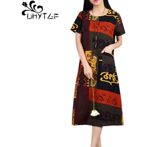 UHYTGF Summer dress women fashion cotton linen printed elegant Female dress O neck pullover soft loose 4XL plus size dresses 901