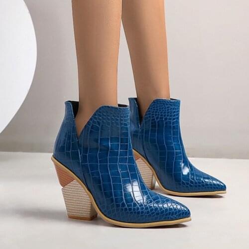 Autumn Winter Strange Style Casual Western Cowboy Ankle Boots Pointed Toe Women Boots Blue Yellow Short Botas High Heels Shoes