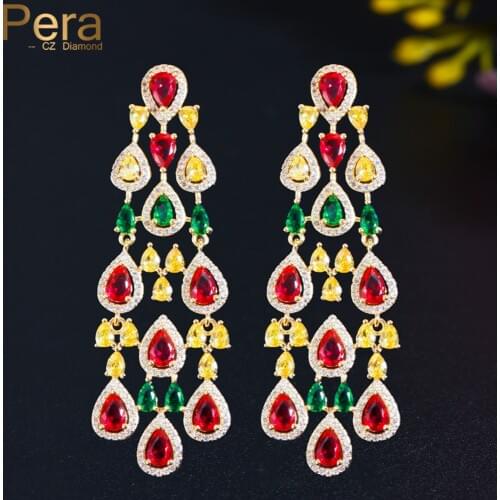 Pera Luxury African Gold Red Yellow CZ Topaz 925 Pin Long Drop Earrings Dangle Waterdrop Shape for Bridal Wedding Jewelry E697