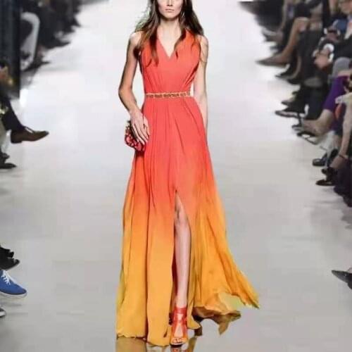 IVY HE Summer Sundresses 2021 Sleeveless Gradient Color Runway Long Maxi Dresses for Women Front Split Celebrity Party Vestido