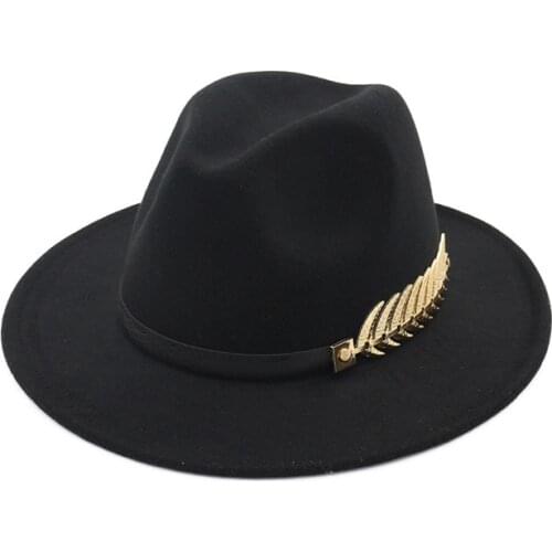 Unisex Wide Flat Brim Wool Felt Jazz Fedoras Hat with Belt Metal leaves Decor men women panama style Trilby Party formal hat