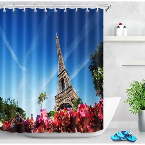72'' Bathroom Waterproof Fabric Shower Curtain Polyester 12 Hooks Bath Accessory Sets Sunny Morning Blue Sky Tall Tower Flowers