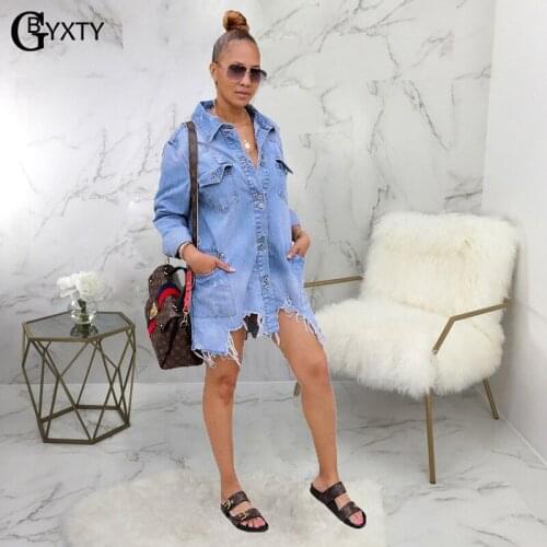 GBYXTY Long Denim Jacket Women Streetwear Ripped Holes 2021 Autumn Long Sleeve Jeans Jacket and Coat Femme Windbreaker ZL1235