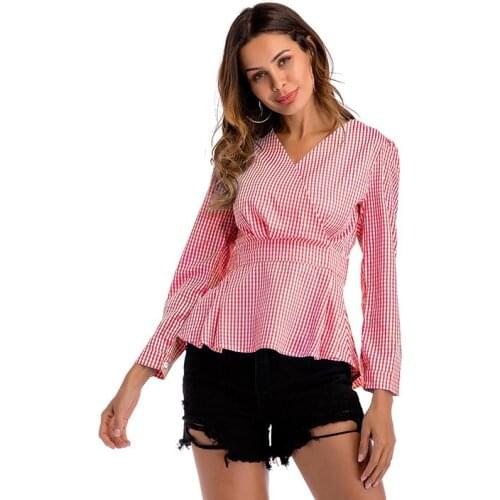 S-2XL v neck plaid shirt tops spring autumn long sleeve tops slim shirt casual leisure tops shirt